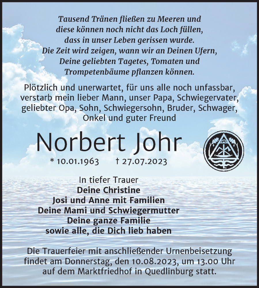  Traueranzeige für Norbert Johr vom 05.08.2023 aus Trauerkombi Quedlinburg