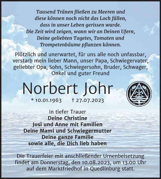 Traueranzeige von Norbert Johr von Trauerkombi Quedlinburg