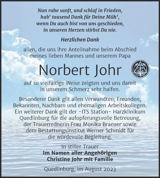 Traueranzeige von Norbert Johr von Trauerkombi Quedlinburg