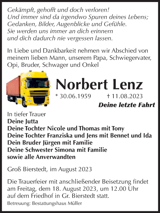 Traueranzeige von Norbert Lenz von Volksstimme Altmark West