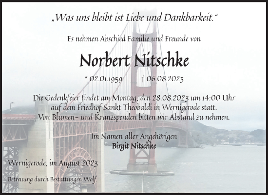 Traueranzeige von Norbert Nitschke von Volksstimme Wernigerode