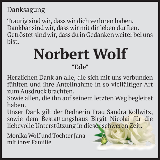 Traueranzeige von Norbert Wolf von Volksstimme Magdeburg