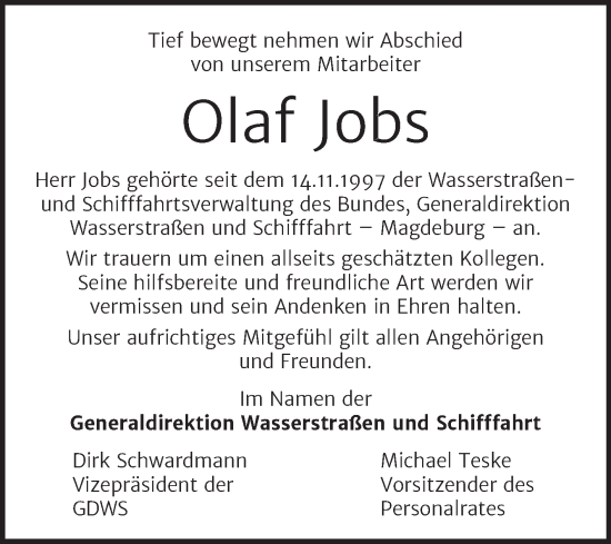 Traueranzeige von Olaf Jobs von Volksstimme Schönebeck