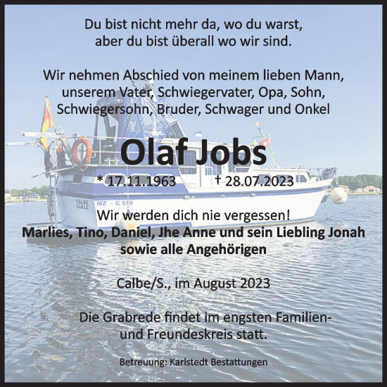 Traueranzeige von Olaf Jobs von Volksstimme Schönebeck
