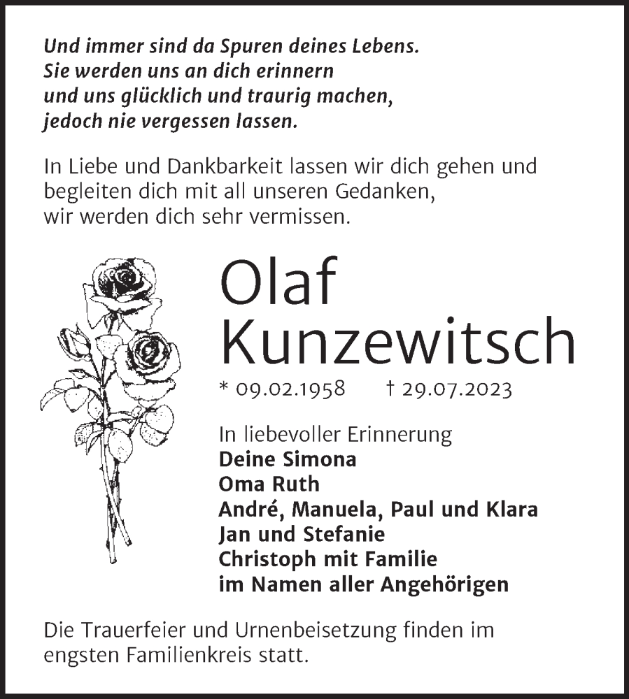  Traueranzeige für Olaf Kunzewitsch vom 12.08.2023 aus Trauerkombi Köthen
