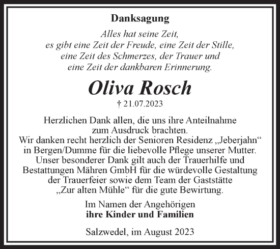 Traueranzeige von Oliva Rosch von Volksstimme Altmark West