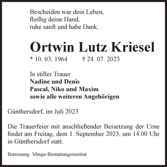 Traueranzeige von Ortwin Lutz Kriesel von Volksstimme Oschersleben/Wanzleben