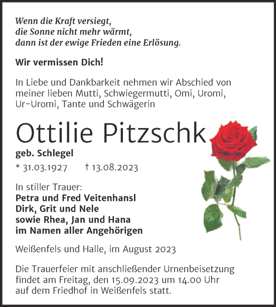 Traueranzeige von Ottilie Pitzschk von Trauerkombi Weißenfels