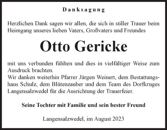 Traueranzeige von Otto Gericke von Volksstimme Altmark Ost