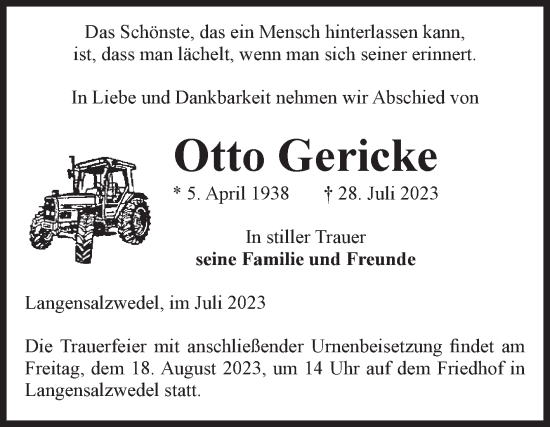Traueranzeige von Otto Gericke von Volksstimme Altmark Ost