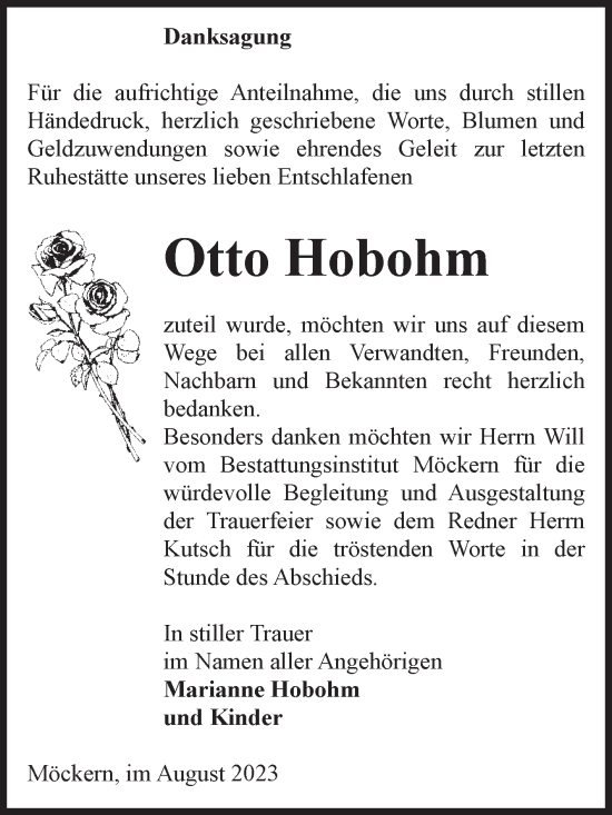 Traueranzeige von Otto Hobohm von Volksstimme Burg/Genthin