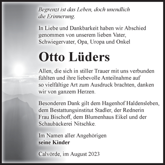 Traueranzeige von Otto Lüders von Volksstimme Haldensleben/Wolmirstedt