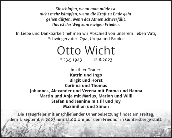 Traueranzeige von Otto Wicht von Trauerkombi Quedlinburg