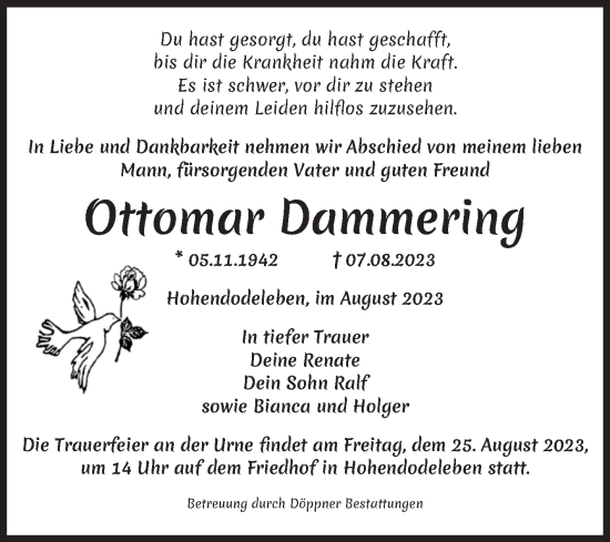 Traueranzeige von Ottomar Dammering von Volksstimme Oschersleben/Wanzleben