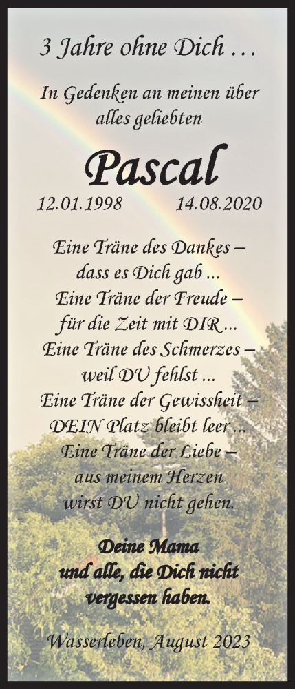 Traueranzeige von Pascal  von Volksstimme Wernigerode