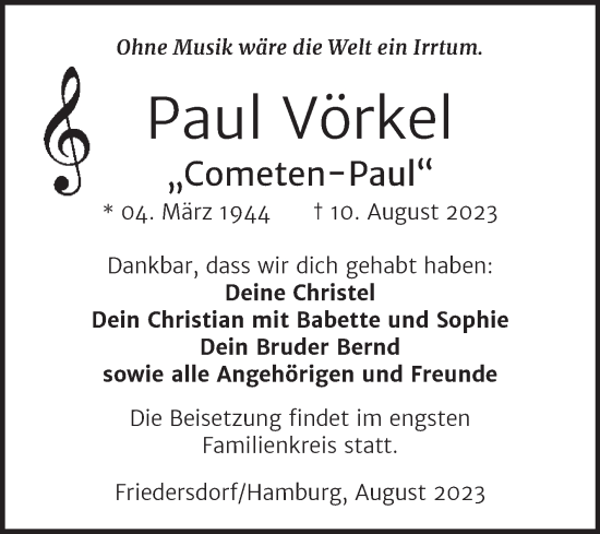 Traueranzeige von Paul Vörkel von Mitteldeutsche Zeitung Bitterfeld