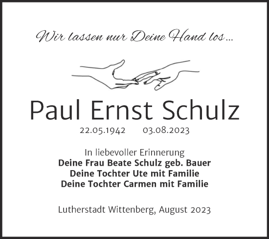 Traueranzeige von Paul Ernst Schulz von Trauerkombi Wittenberg