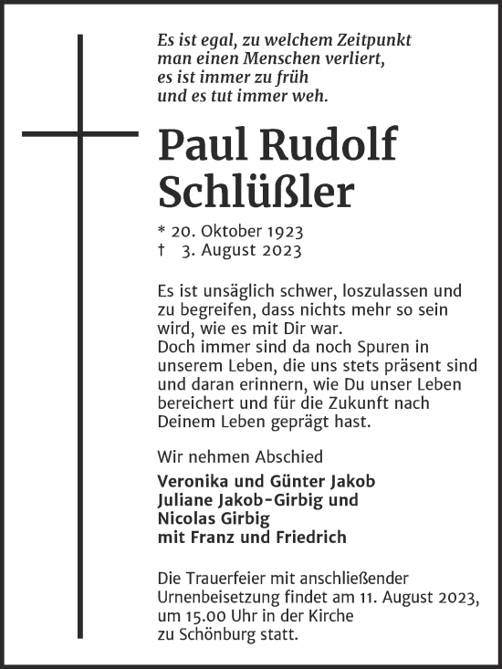Traueranzeige von Paul Rudolf Schlüßler von Naumburger Tageblatt