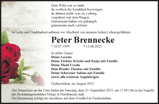 Traueranzeige von Peter Brennecke von Volksstimme Oschersleben/Wanzleben
