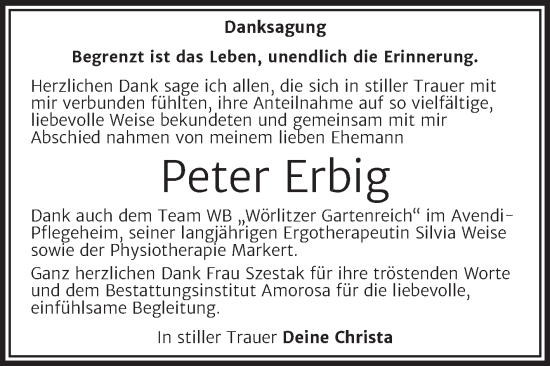 Traueranzeige von Peter Erbig von Trauerkombi Dessau