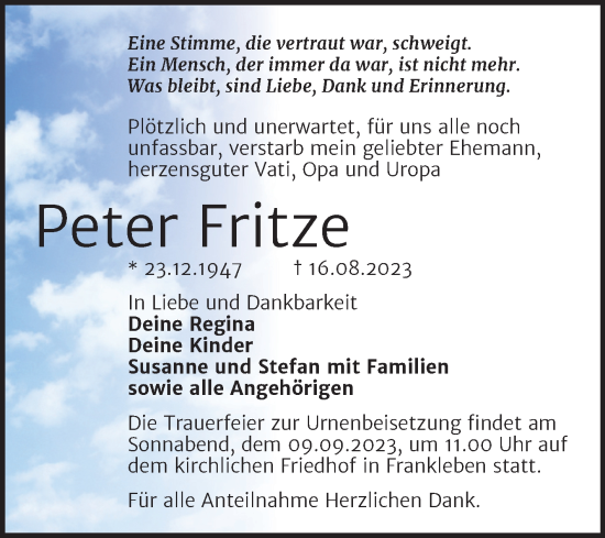 Traueranzeige von Peter Fritze von Trauerkombi Merseburg