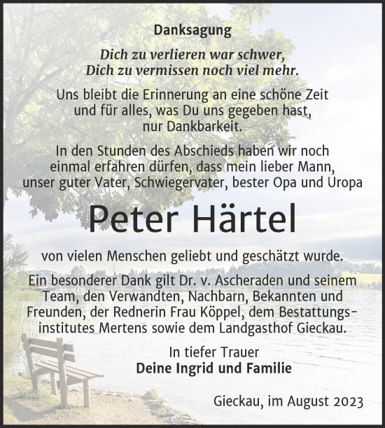 Traueranzeige von Peter Härtel von Wochenspiegel Naumburg/Nebra