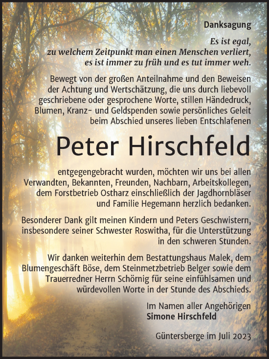 Traueranzeige von Peter Hirschfeld von Trauerkombi Quedlinburg