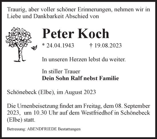 Traueranzeige von Peter Koch von Volksstimme Schönebeck