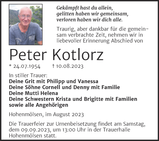 Traueranzeige von Peter Kotlorz von Trauerkombi Weißenfels