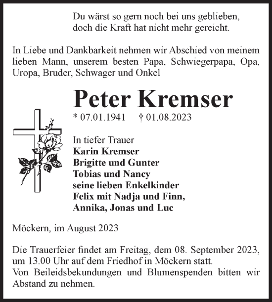 Traueranzeige von Peter Kremser von Volksstimme Burg/Genthin