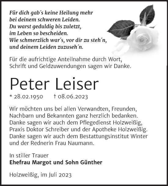 Traueranzeige von Peter Leiser von Trauerkombi Bitterfeld