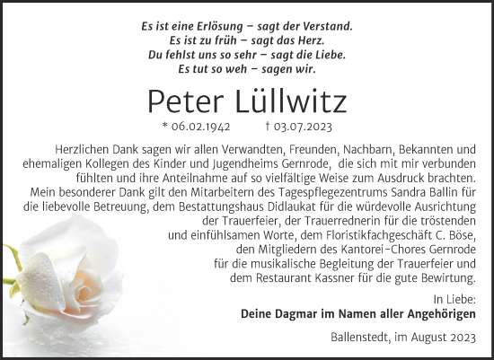 Traueranzeige von Peter Lüllwitz von Trauerkombi Quedlinburg