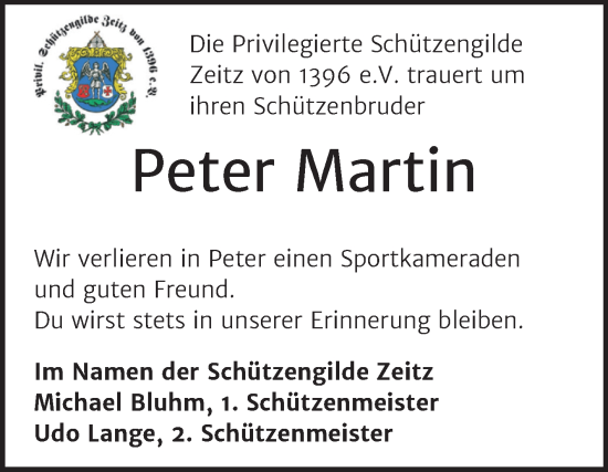 Traueranzeige von Peter Martin von Trauerkombi Zeitz