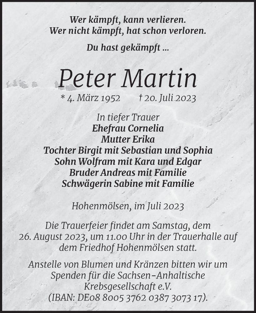  Traueranzeige für Peter Martin vom 02.08.2023 aus Trauerkombi Weißenfels