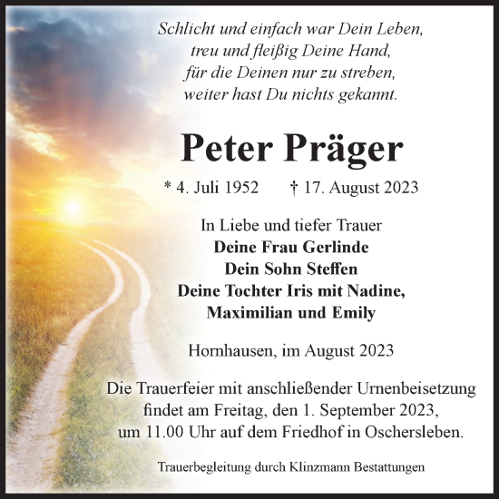 Traueranzeige von Peter Präger von Volksstimme Oschersleben/Wanzleben