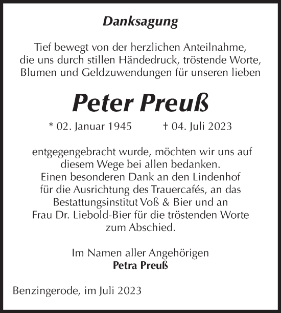 Traueranzeige von Peter Preuß von Volksstimme Wernigerode