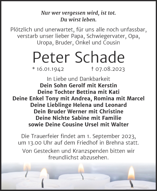 Traueranzeige von Peter Schade von Trauerkombi Bitterfeld