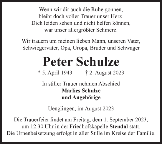 Traueranzeige von Peter Schulze von Volksstimme Altmark Ost