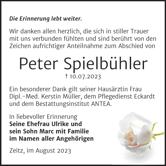 Traueranzeige von Peter Spielbühler von Trauerkombi Zeitz