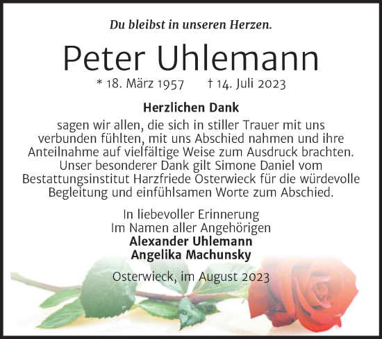 Traueranzeige von Peter Uhlemann von Volksstimme Halberstadt