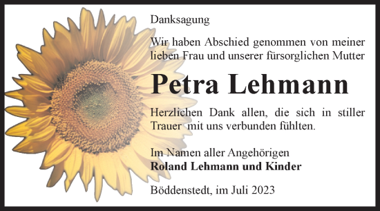 Traueranzeige von Petra Lehmann von Volksstimme Altmark West