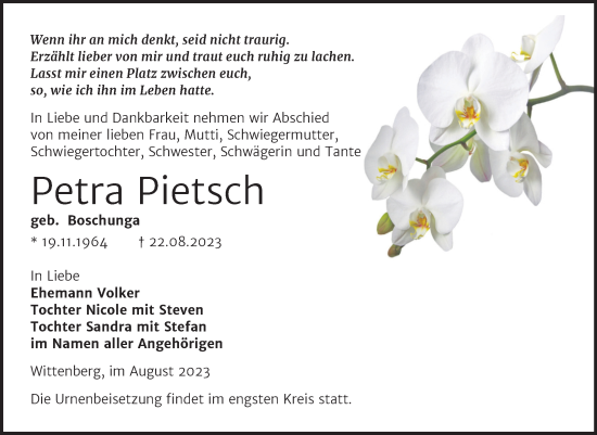 Traueranzeige von Petra Pietsch von Trauerkombi Wittenberg