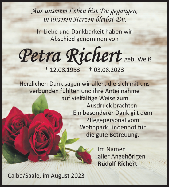 Traueranzeige von Petra Richert von Volksstimme Schönebeck