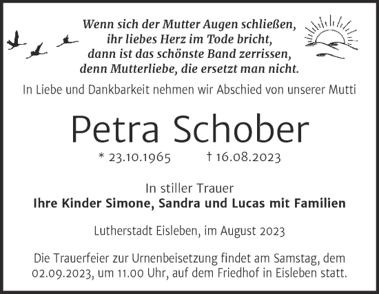Traueranzeige von Petra Schober von Trauerkombi Mansfelder Land