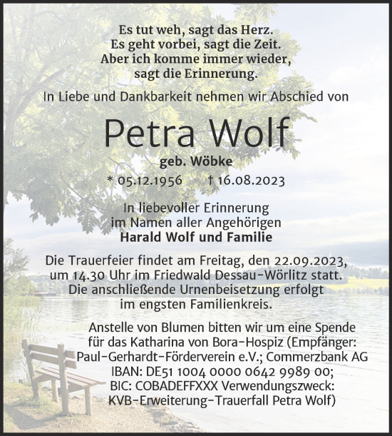 Traueranzeige von Petra Wolf von Trauerkombi Wittenberg