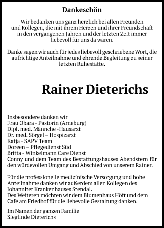 Traueranzeige von Rainer Dieterichs von Volksstimme Altmark Ost