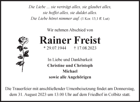 Traueranzeige von Rainer Freist von Volksstimme Haldensleben/Wolmirstedt
