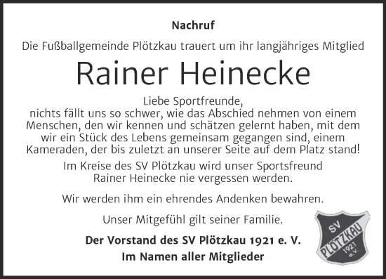 Traueranzeige von Rainer Heinecke von Super Sonntag Bernburg