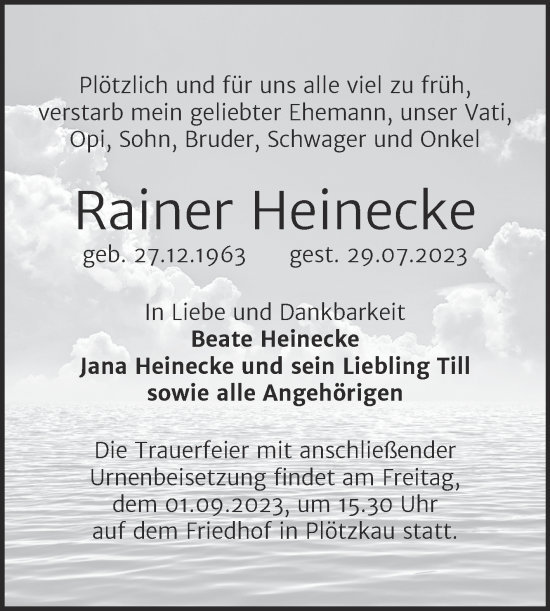 Traueranzeige von Rainer Heinecke von Trauerkombi Bernburg