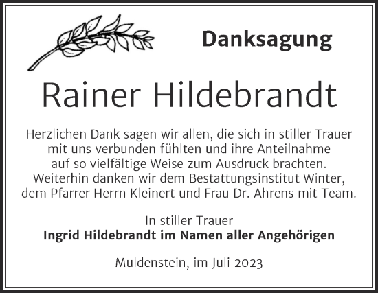 Traueranzeige von Rainer Hildebrandt von Trauerkombi Bitterfeld